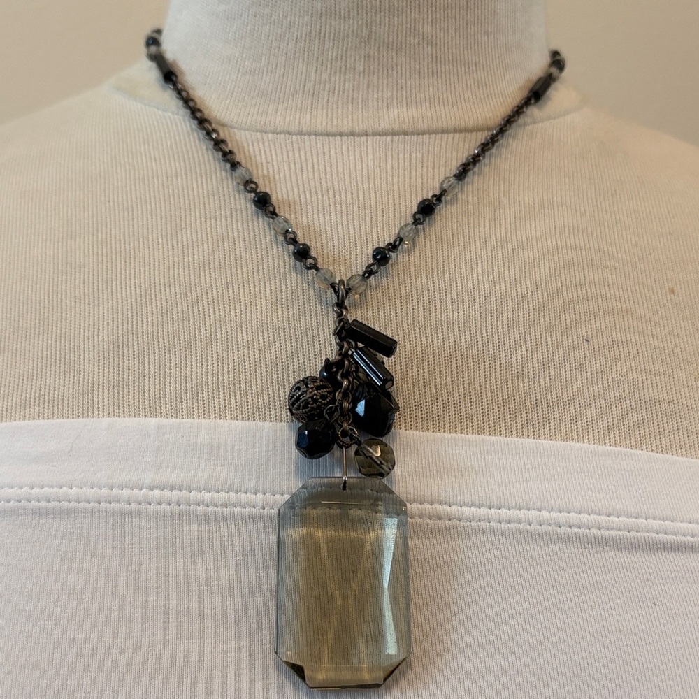 Vintage brass tone necklace with smoky quartz, either glass or crystal pendant